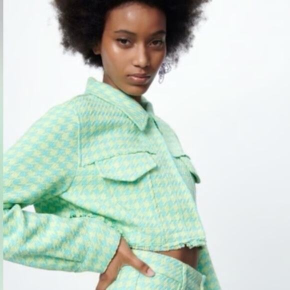 Zara Mint Green Houndstooth Cropped Jacket - Picture 8 of 8